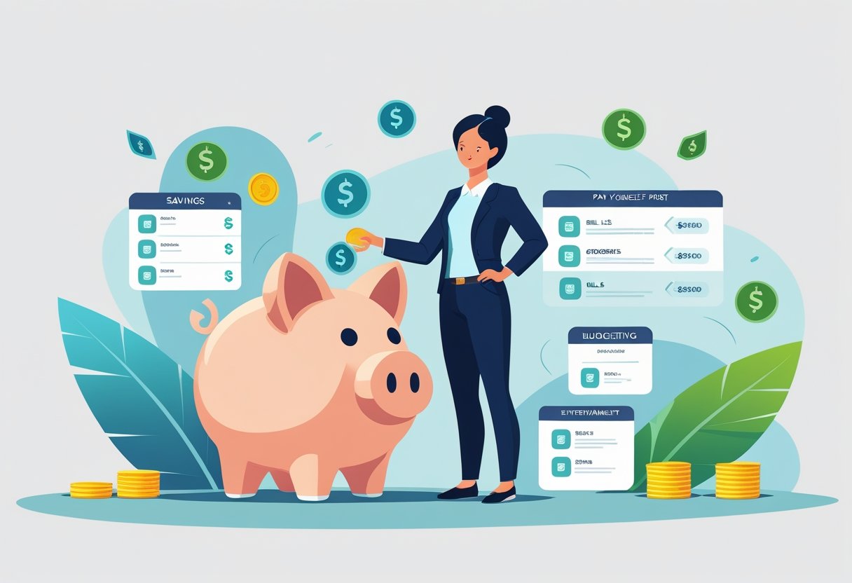 A person placing a coin into a large piggy bank first, with icons representing bills and expenses arranged around them to show prioritizing savings before spending.