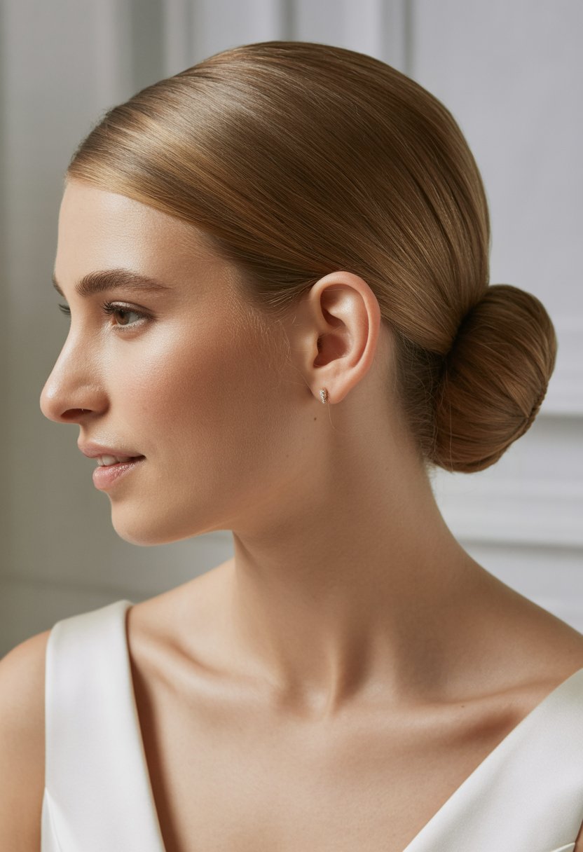 Close-up portrait of a bride with a low sleek bun hairstyle, wearing a wedding dress against a neutral background.