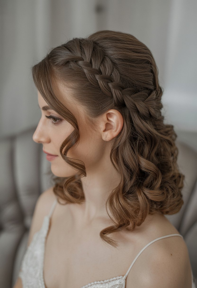 Close-up of a woman with a braided half-up hairstyle and loose curls, wearing a white dress against a soft background.