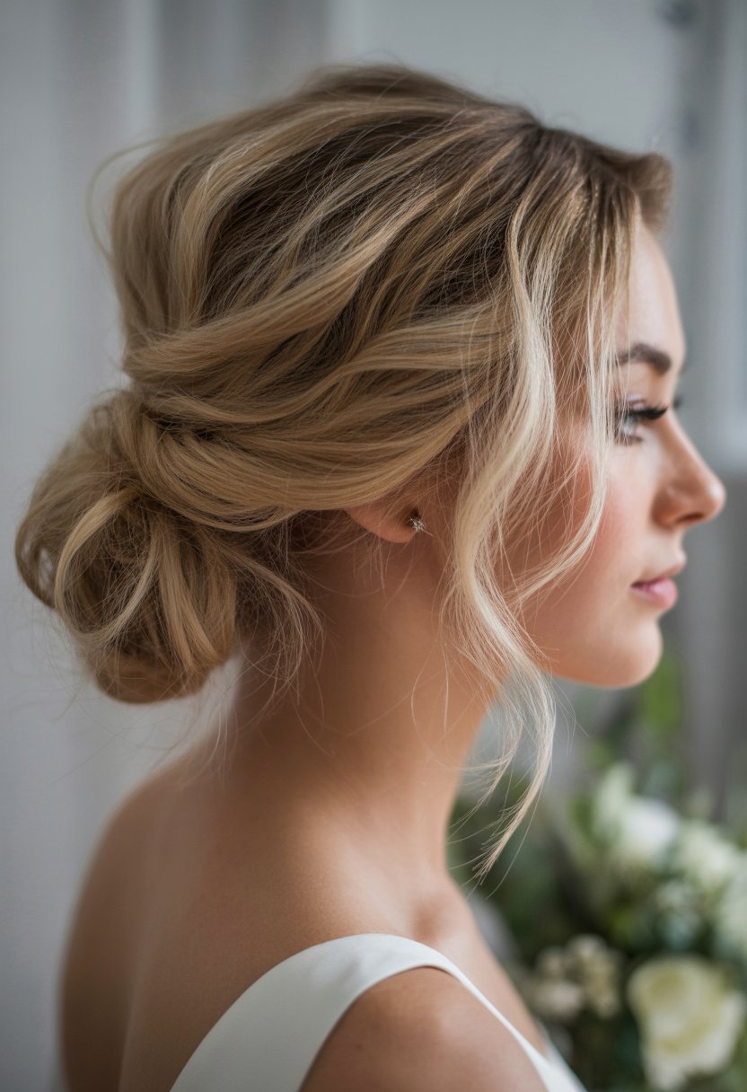 Close-up of a bride with a low bun hairstyle and loose strands framing her face, looking serene.