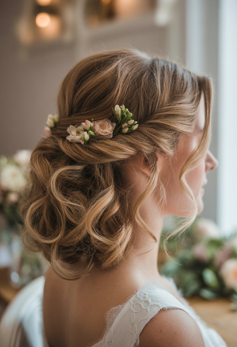 Close-up of a bride with loose curls decorated with small flowers.