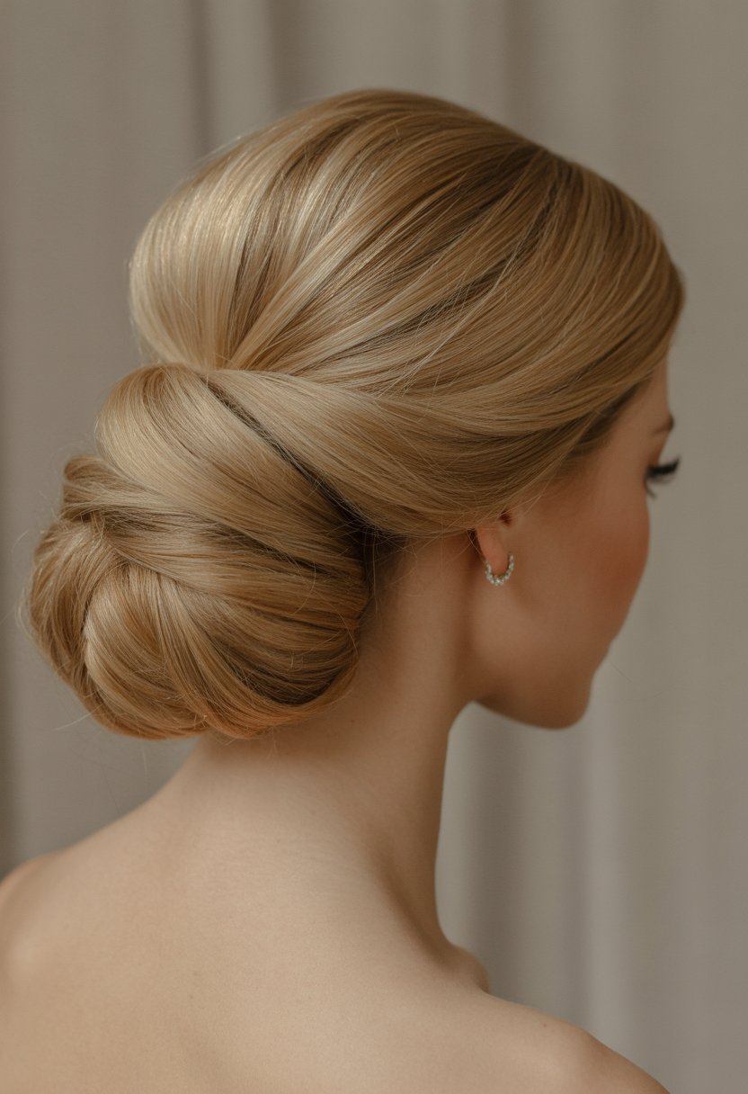 Portrait of a woman with an elegant twisted updo hairstyle against a neutral background.