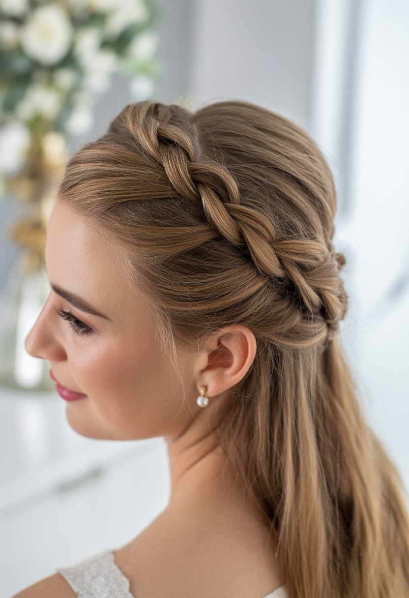Close-up of a woman with a twisted crown braid hairstyle, looking slightly to the side in a bright setting.