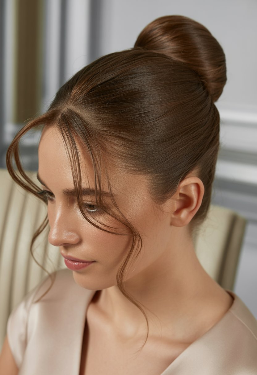 Close-up of a woman with a smooth topknot hairstyle and face-framing strands, looking serene in a softly lit setting.