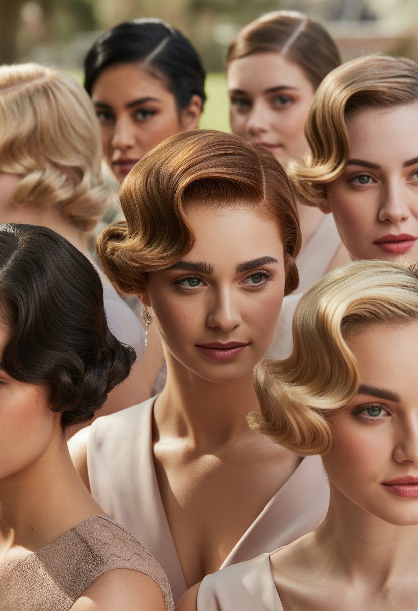 A group of women with short, styled hair posing together in elegant outfits against a softly lit background.