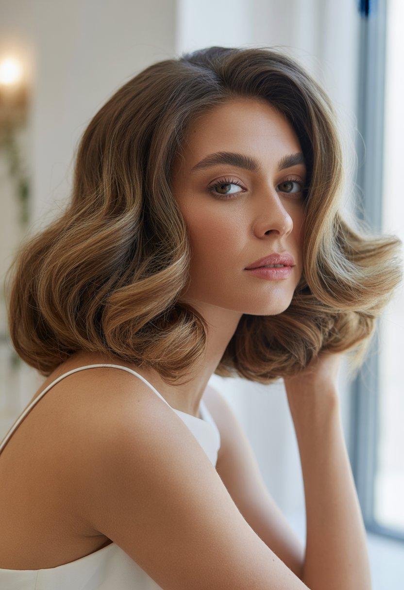 Close-up of a woman with voluminous hair and subtle highlights, smiling gently against a softly blurred background.