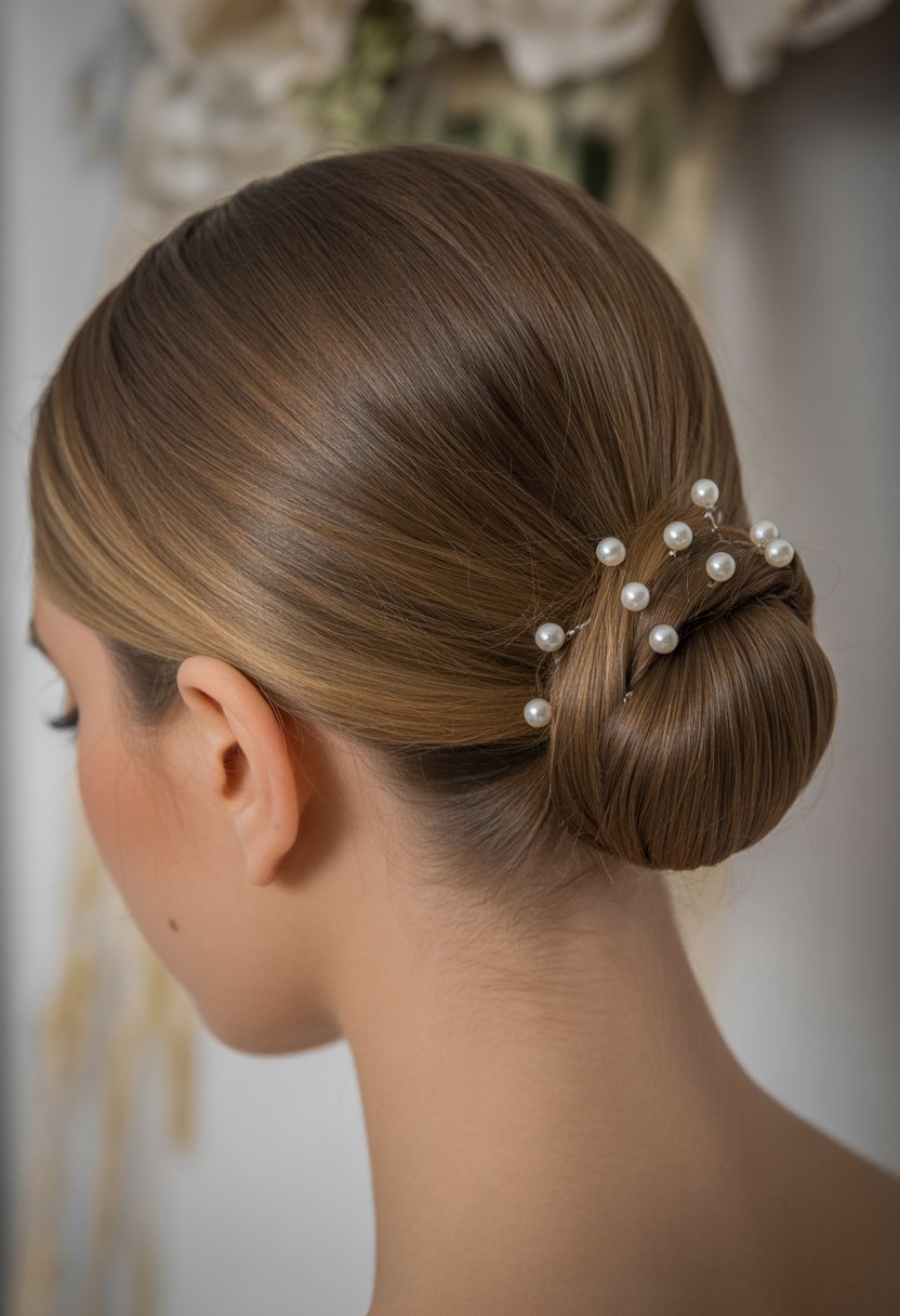 Close-up of a woman with a low bun hairstyle decorated with small pearl pins.