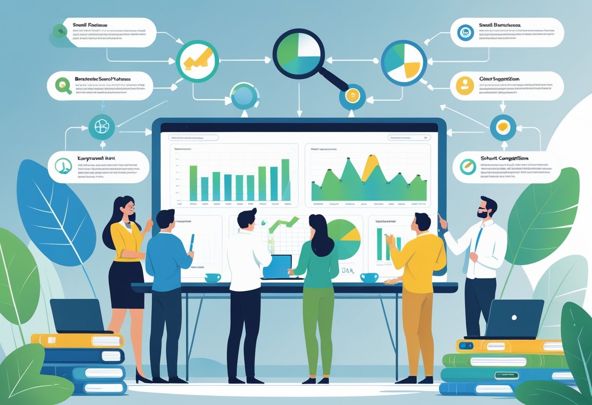 A group of small business owners and marketers working together around a digital table displaying keyword research charts and flowcharts in a modern office.