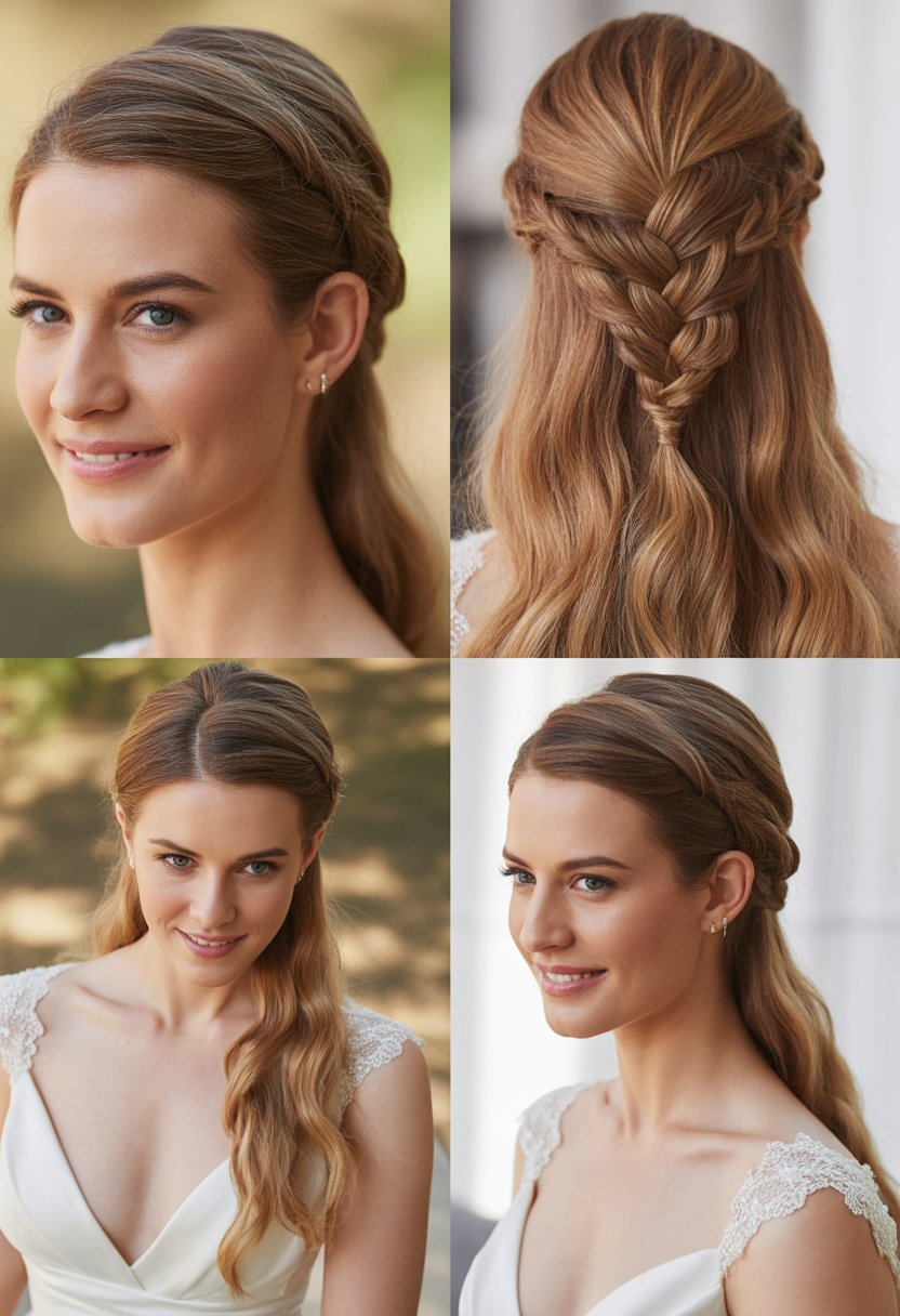 Close-up of a woman with a half-up braided hairstyle wearing a white dress, photographed in soft natural light.