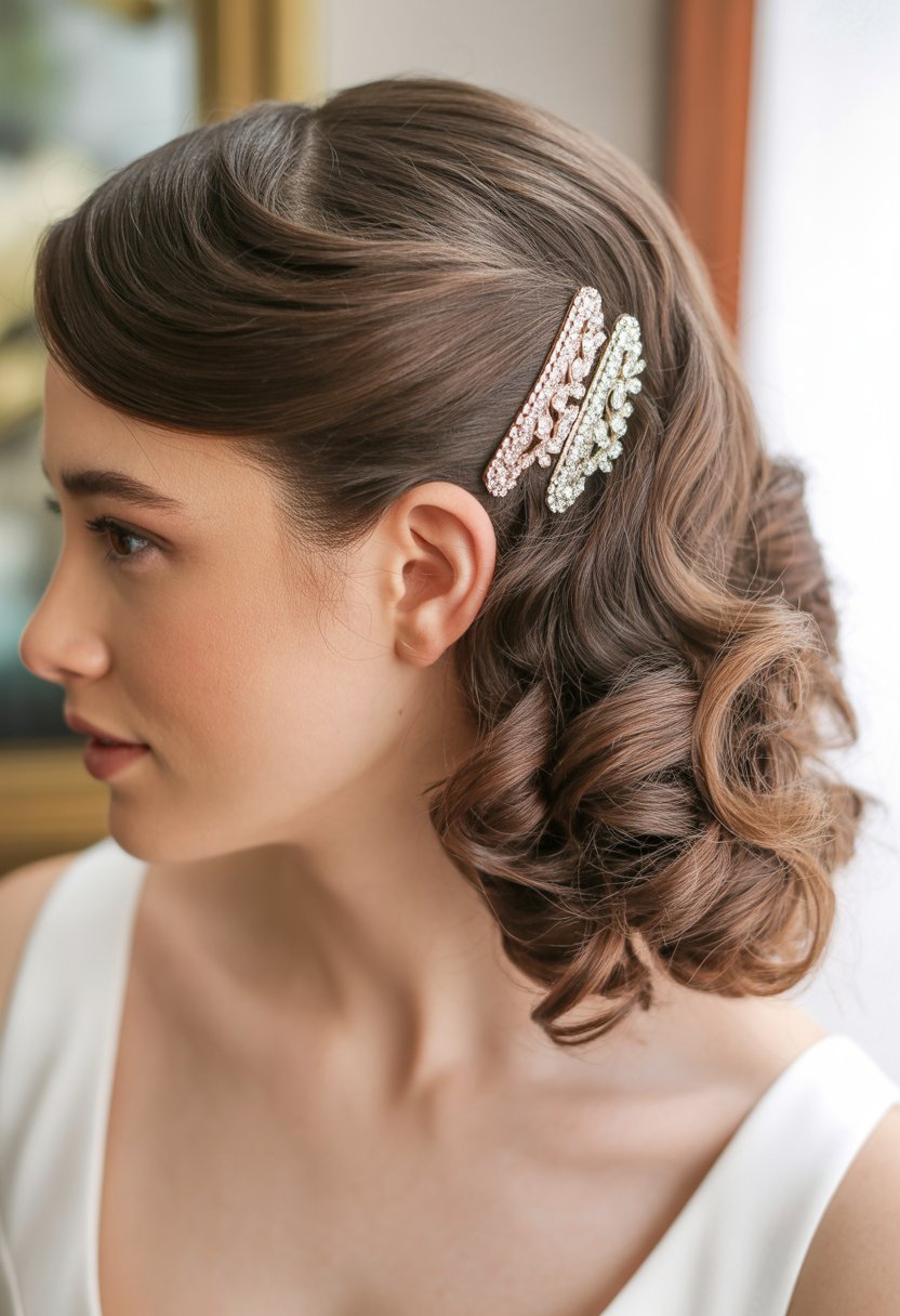Close-up of a woman with side-swept curly hair pinned back with jeweled clips, wearing a white dress.