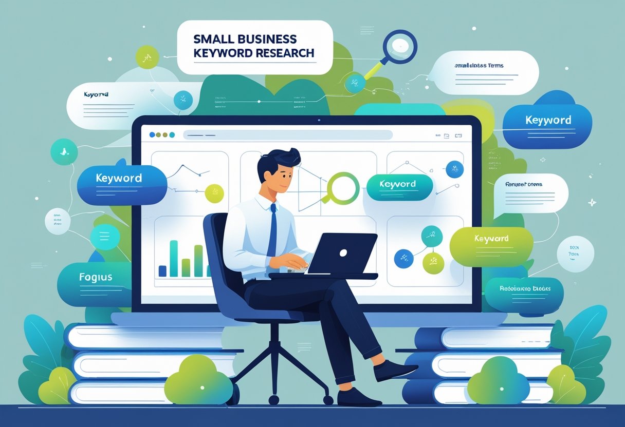 A small business owner working at a desk with a laptop, surrounded by floating keyword tags and charts representing keyword research and organization.