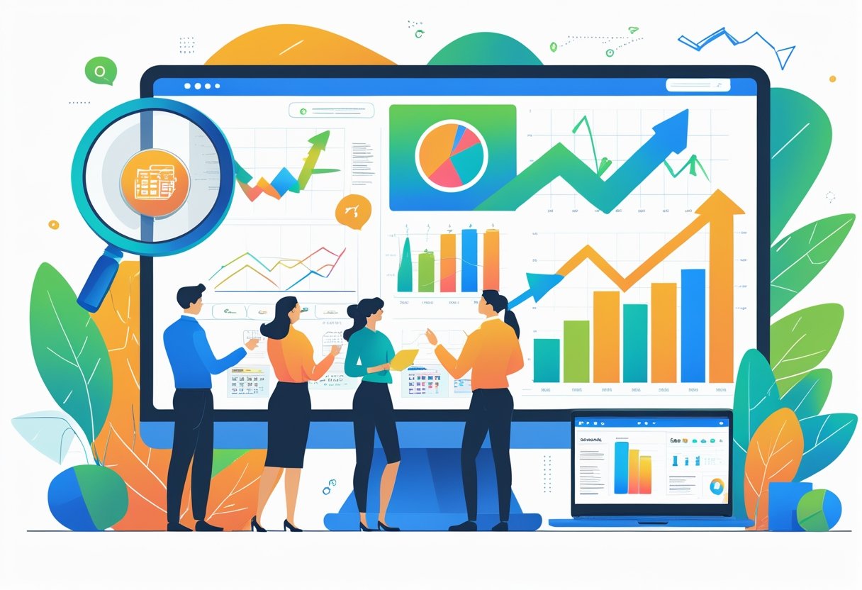 A group of small business professionals collaborating around a digital screen showing charts and keyword data in a modern office setting.