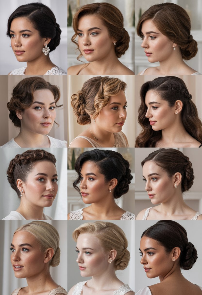 A group of 15 women with different wedding hairstyles posing together in a studio setting.