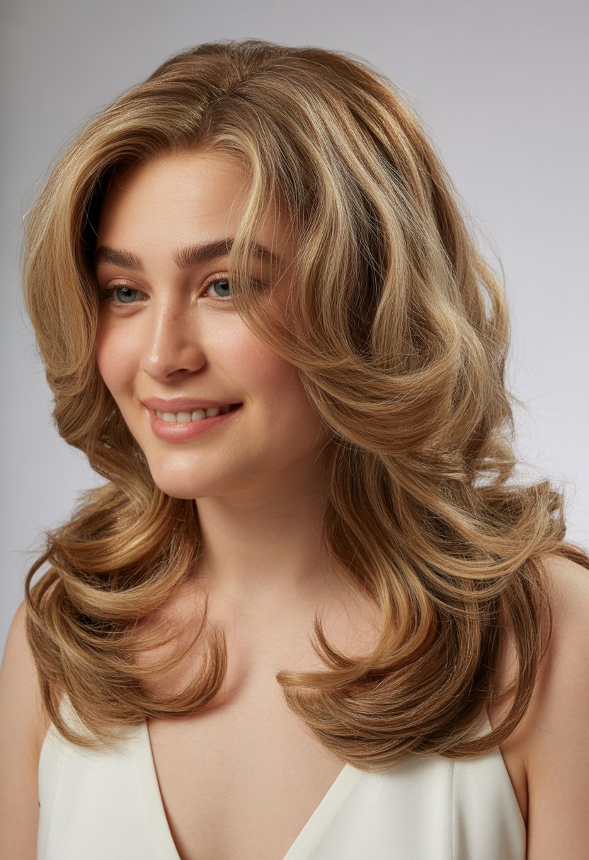 A woman with long layered wavy hair smiling softly against a plain background.