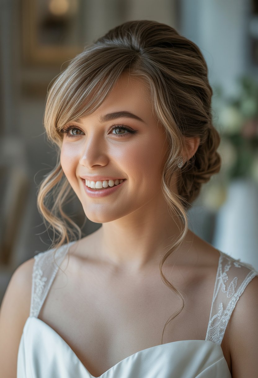 A smiling bride with side-swept bangs and a wedding hairstyle, looking joyful.