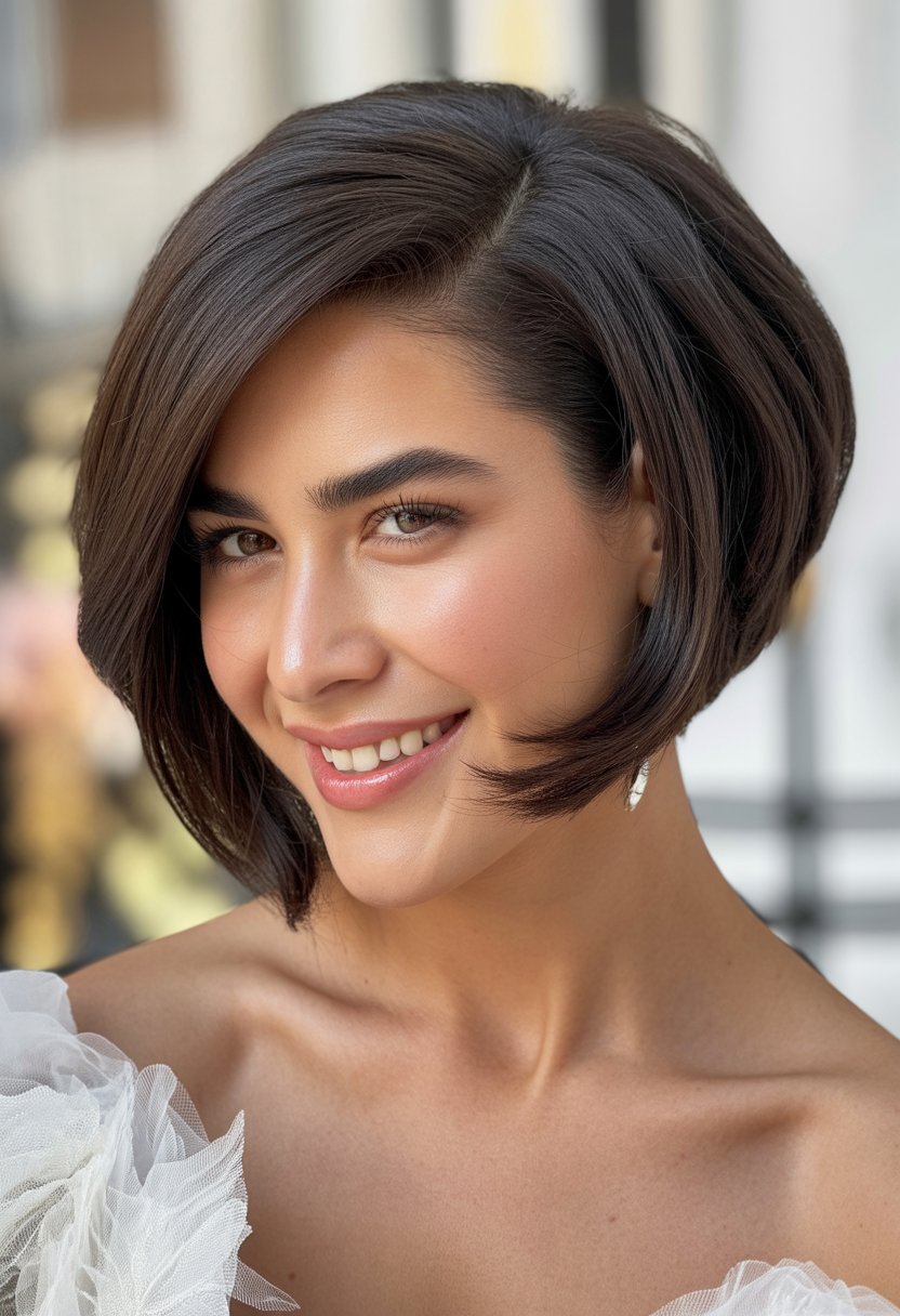 A woman with an asymmetrical bob hairstyle and a side part, smiling in a close-up portrait.
