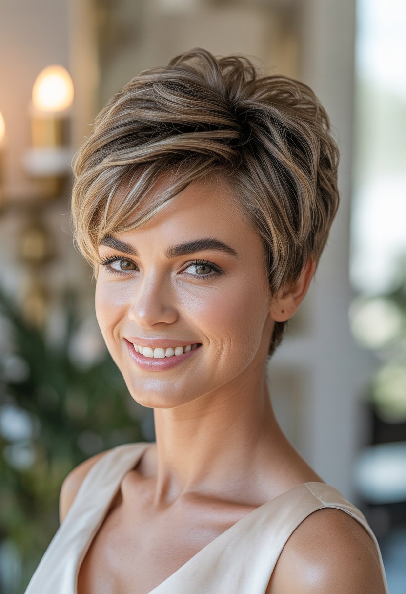 Portrait of a smiling woman with a short textured haircut against a softly blurred background.