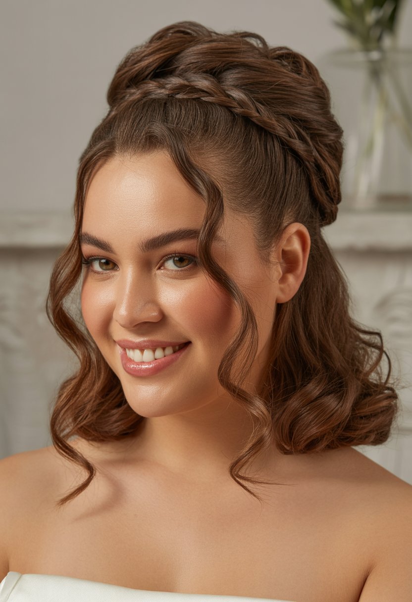 A smiling woman with a half-up twisted crown hairstyle and loose waves, photographed in a softly lit studio setting.