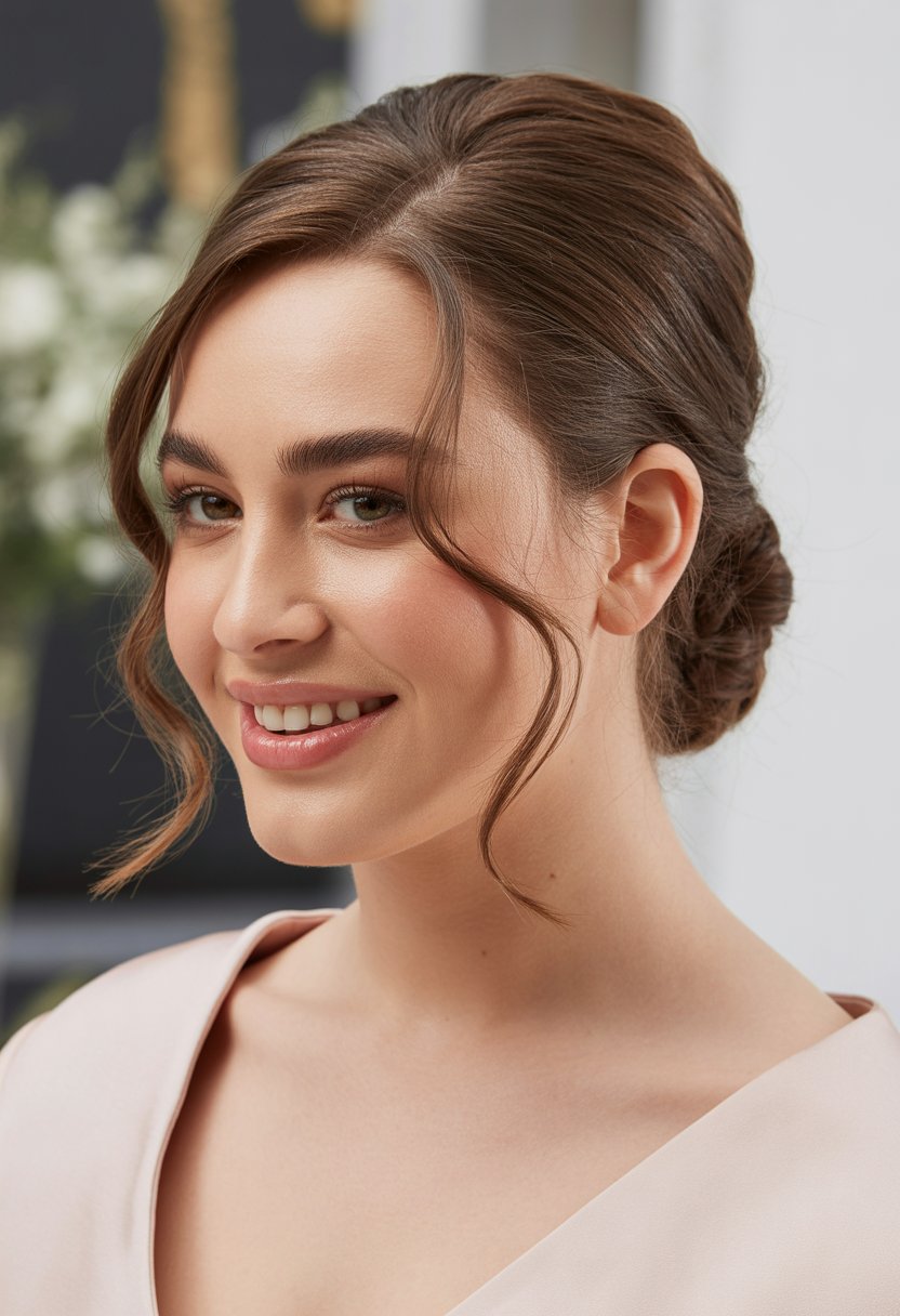 A woman with a low chignon hairstyle and face-framing strands smiling softly against a blurred neutral background.