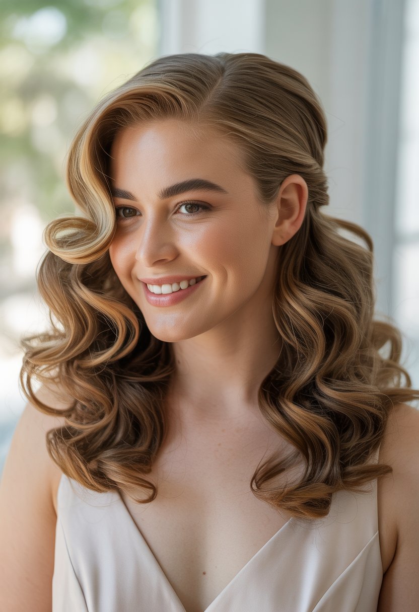 A woman with soft cascading curls and a middle part, smiling gently at the camera.