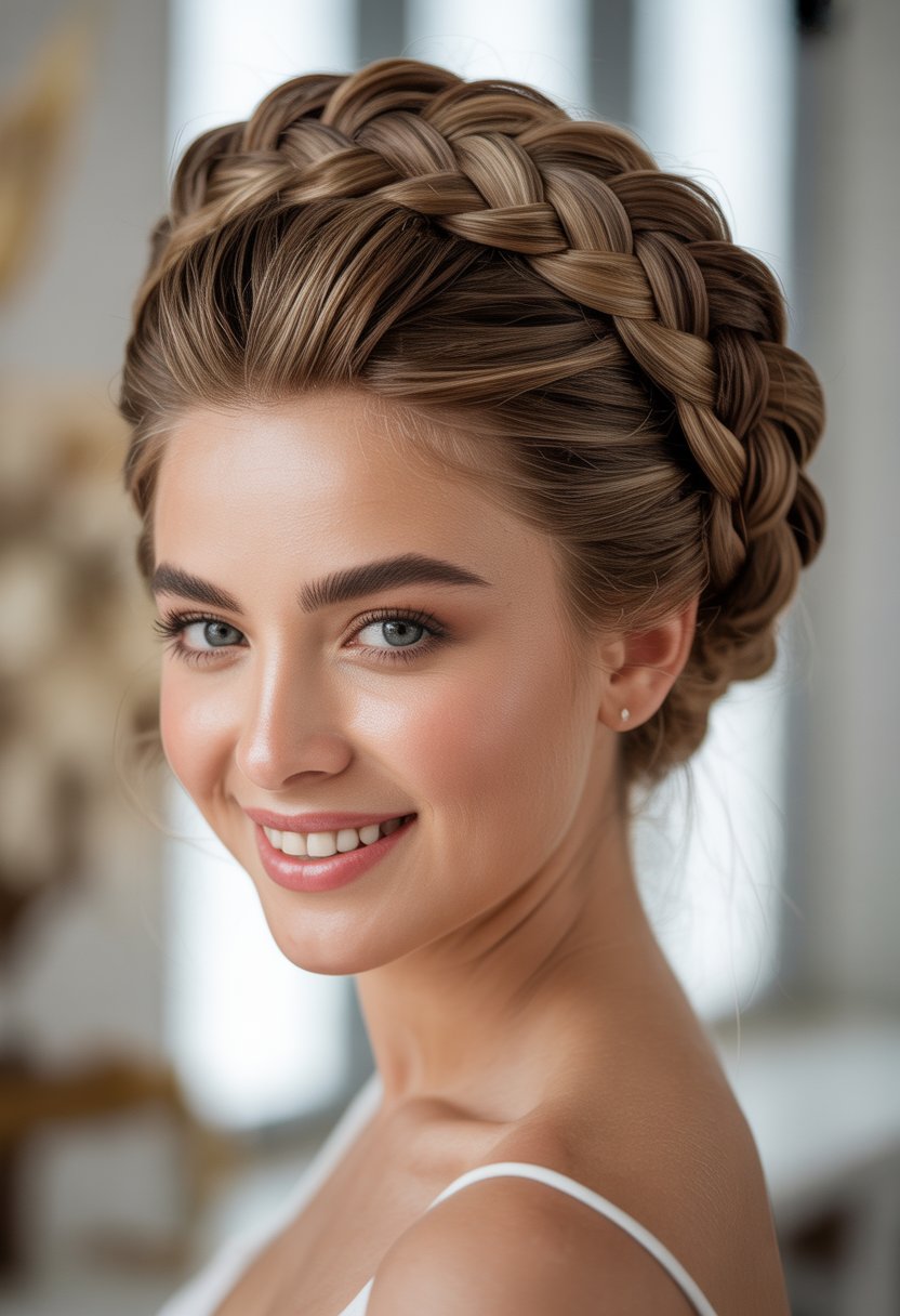 A woman with a braided crown hairstyle smiling softly, showing an elegant and voluminous hair look.