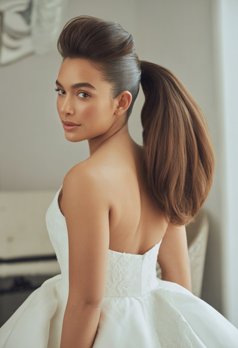 A bride with a sleek ponytail and volume at the roots wearing a white wedding dress, smiling softly against a neutral background.