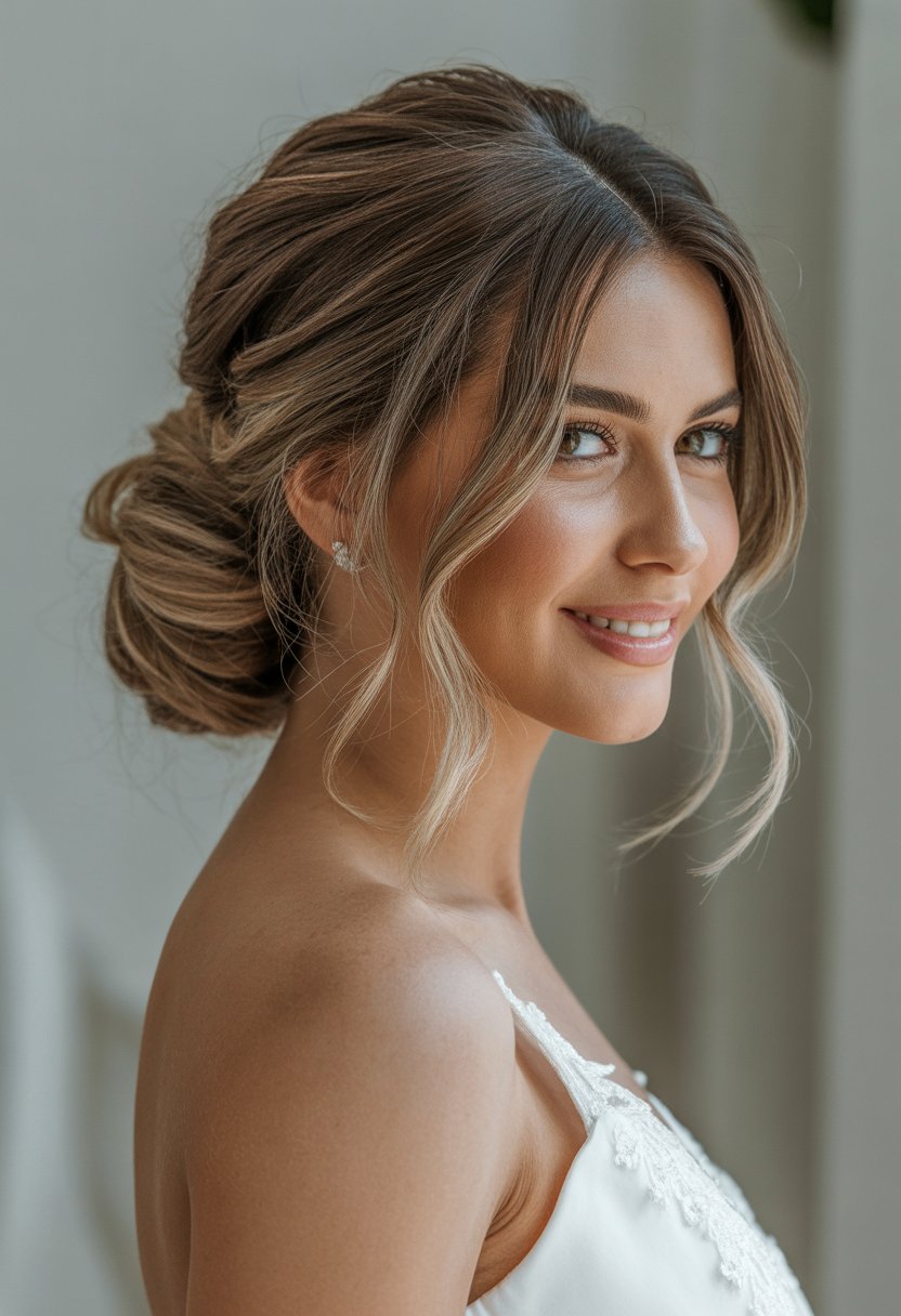 A woman with a loose side bun hairstyle and wispy strands smiling gently, wearing a white bridal gown.