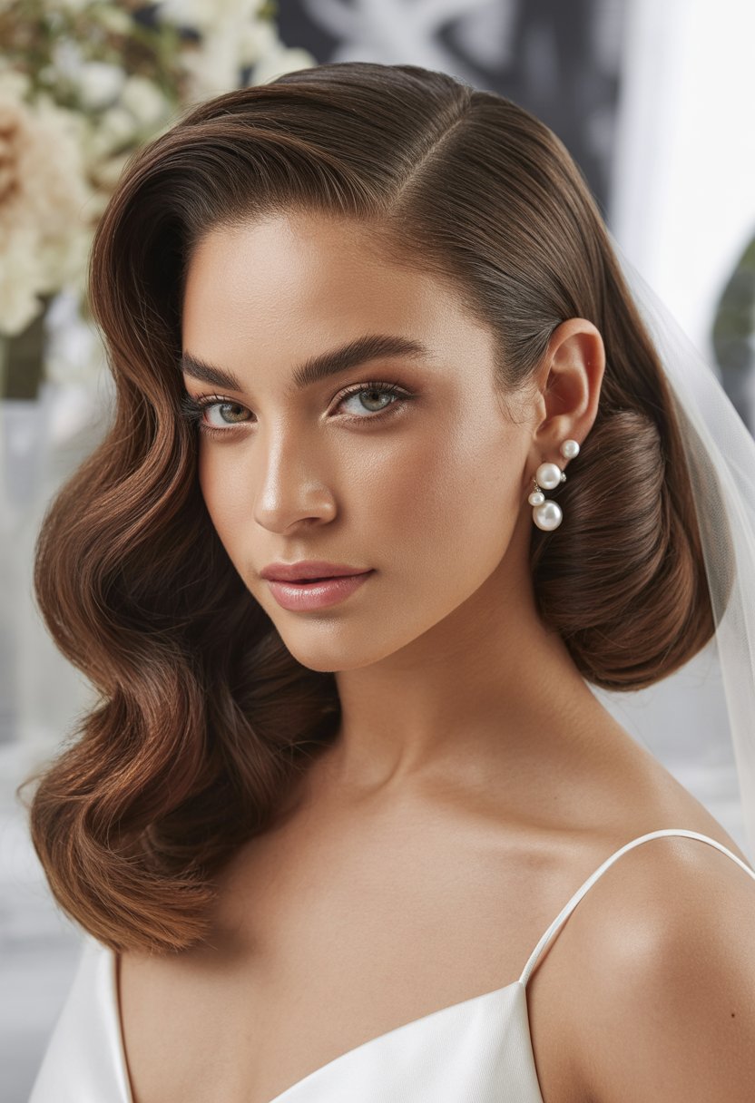 A woman with a deep side part and smooth waves hairstyle, smiling gently and wearing bridal accessories.
