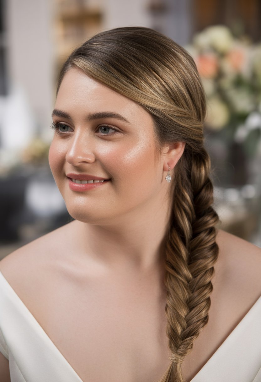 A woman with a side-swept fishtail braid smiling softly against a blurred neutral background.