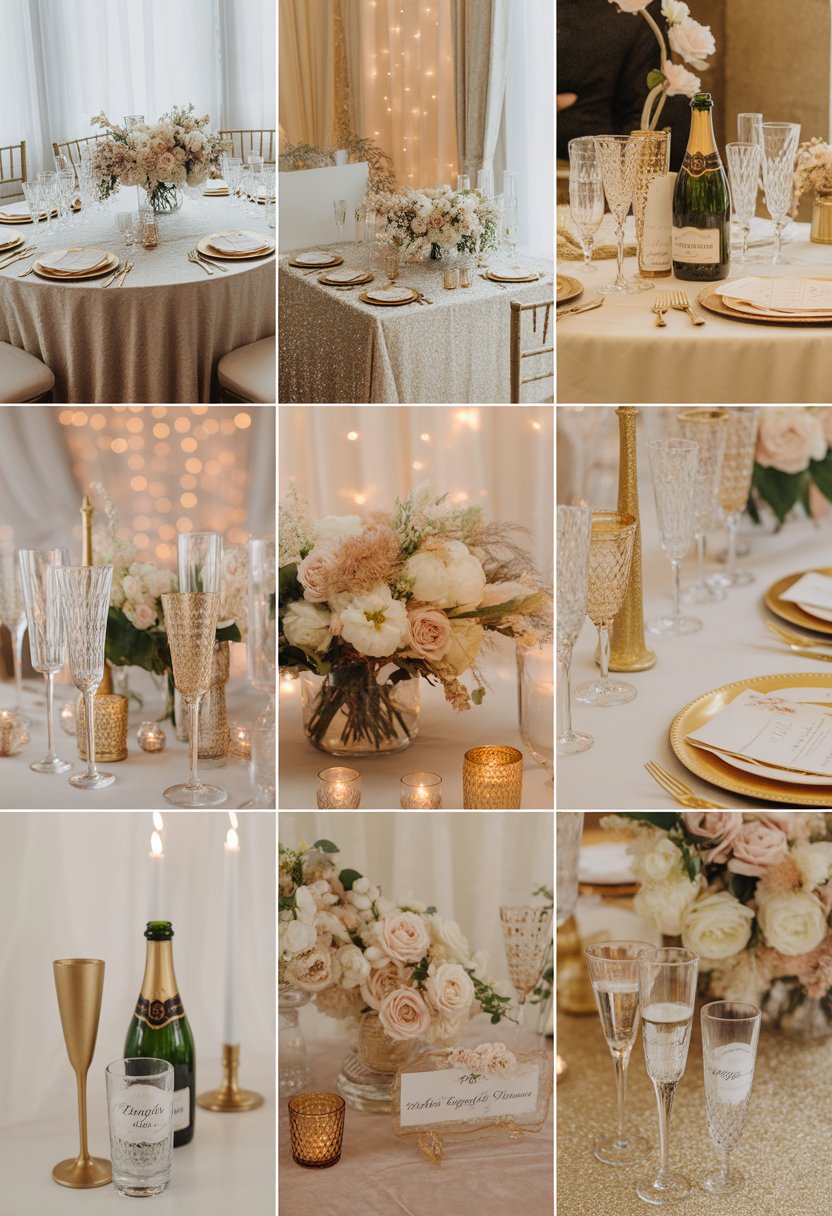 A wedding reception scene with tables decorated in champagne colors, floral centerpieces, crystal glassware, candles, and soft lighting.