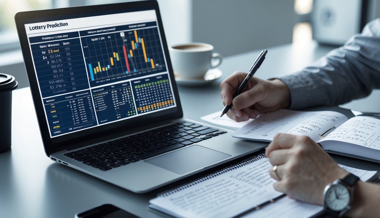 Seseorang sedang menganalisis data prediksi togel di meja kerja dengan laptop dan catatan.