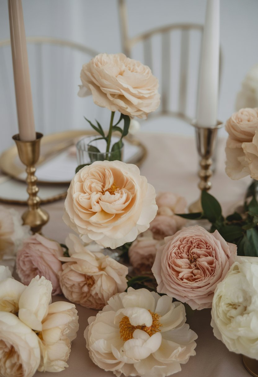 Soft champagne-colored floral arrangements with roses and peonies displayed as wedding decor.