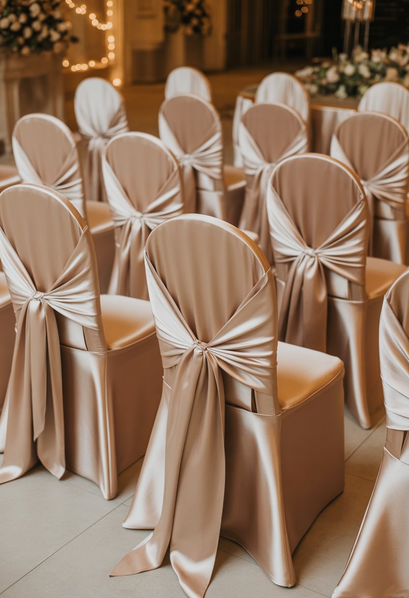Rows of chairs covered with champagne satin fabric and tied with elegant sashes in a wedding venue.