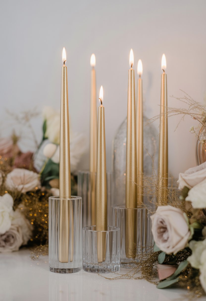 Gold and champagne taper candles lit in crystal holders surrounded by wedding floral decorations.