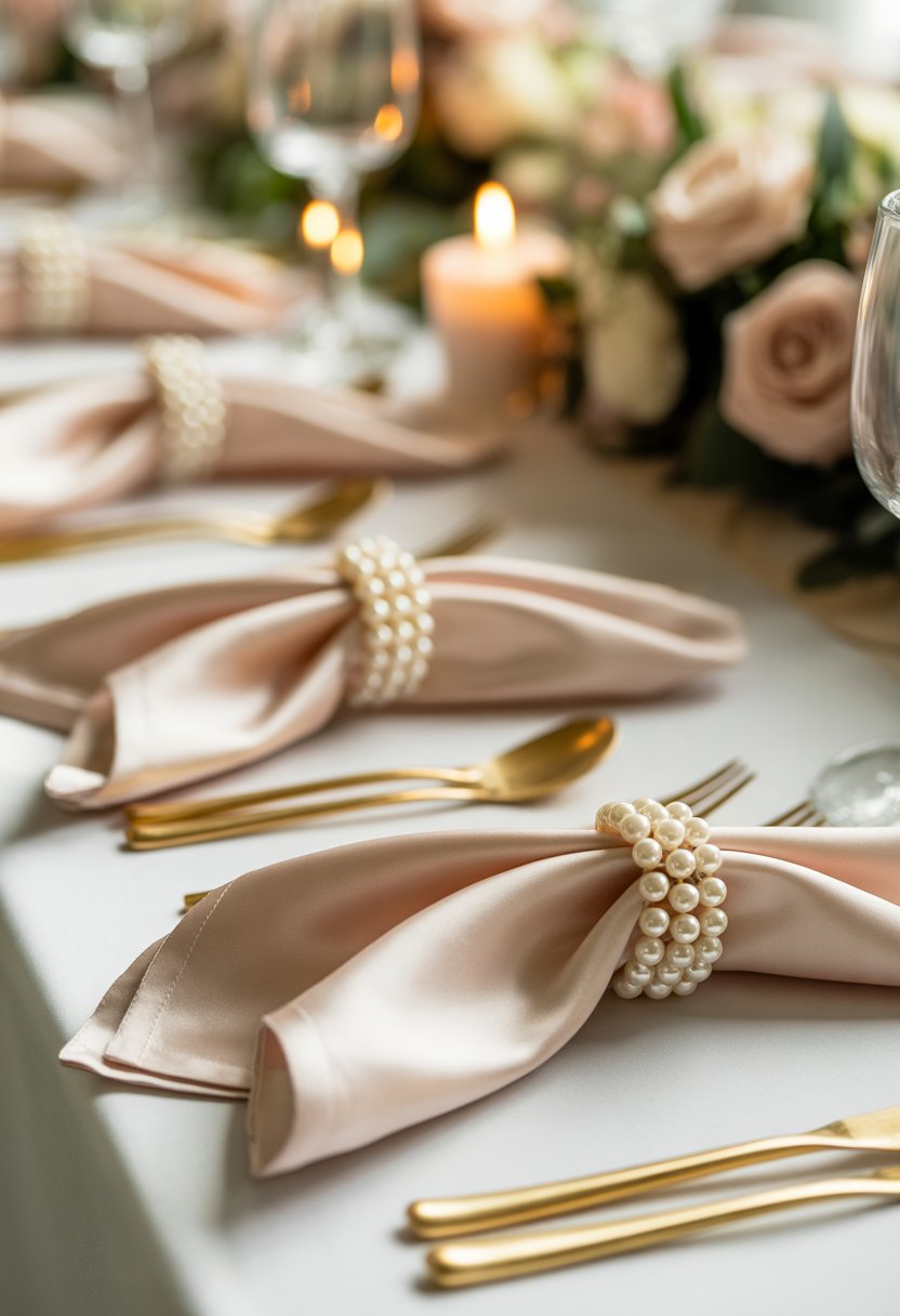 Close-up of champagne-colored napkins with pearl napkin rings arranged on a white table with soft floral decorations in the background.