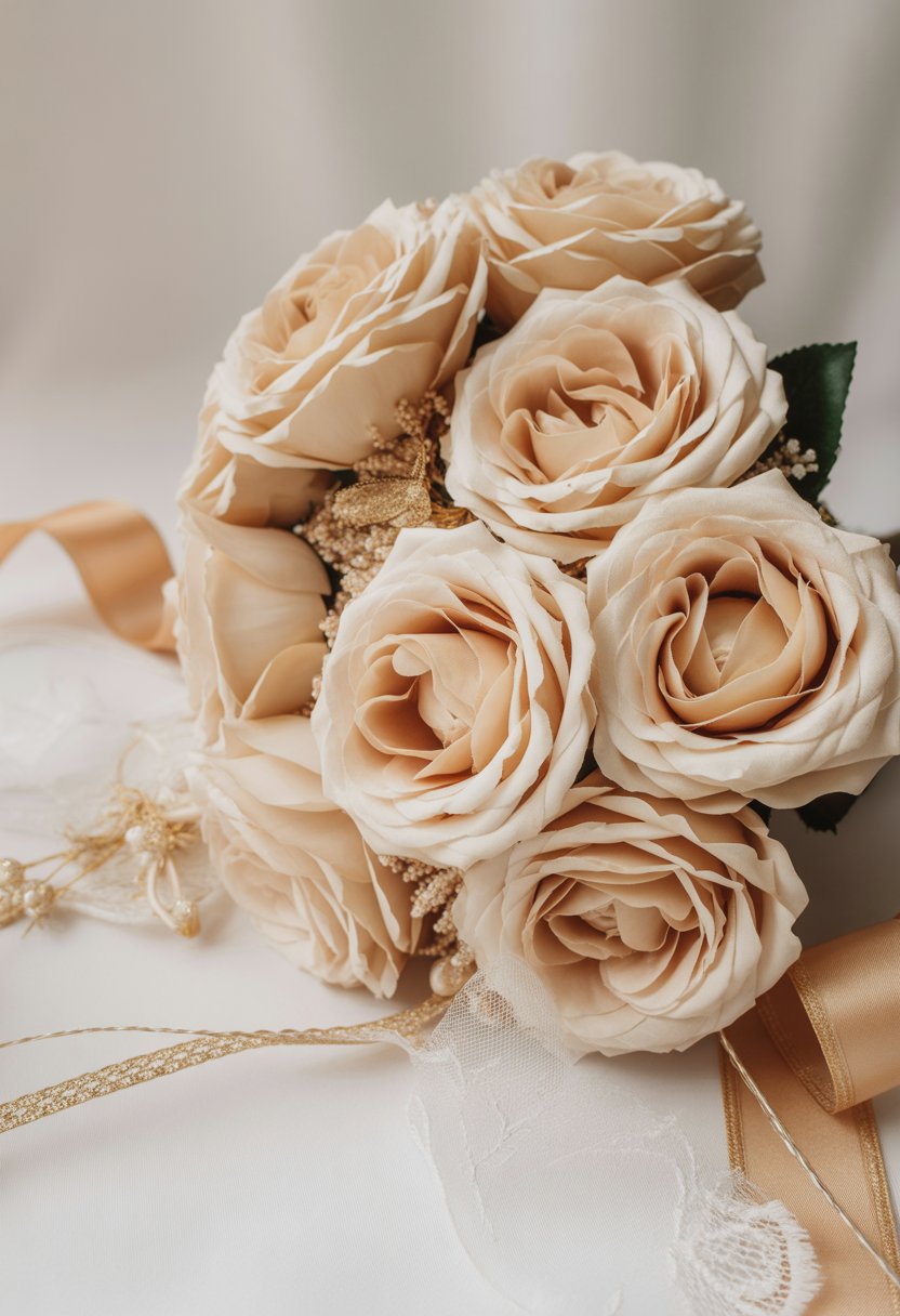 A bouquet of artificial champagne-colored roses with wedding decor accents on a neutral background.