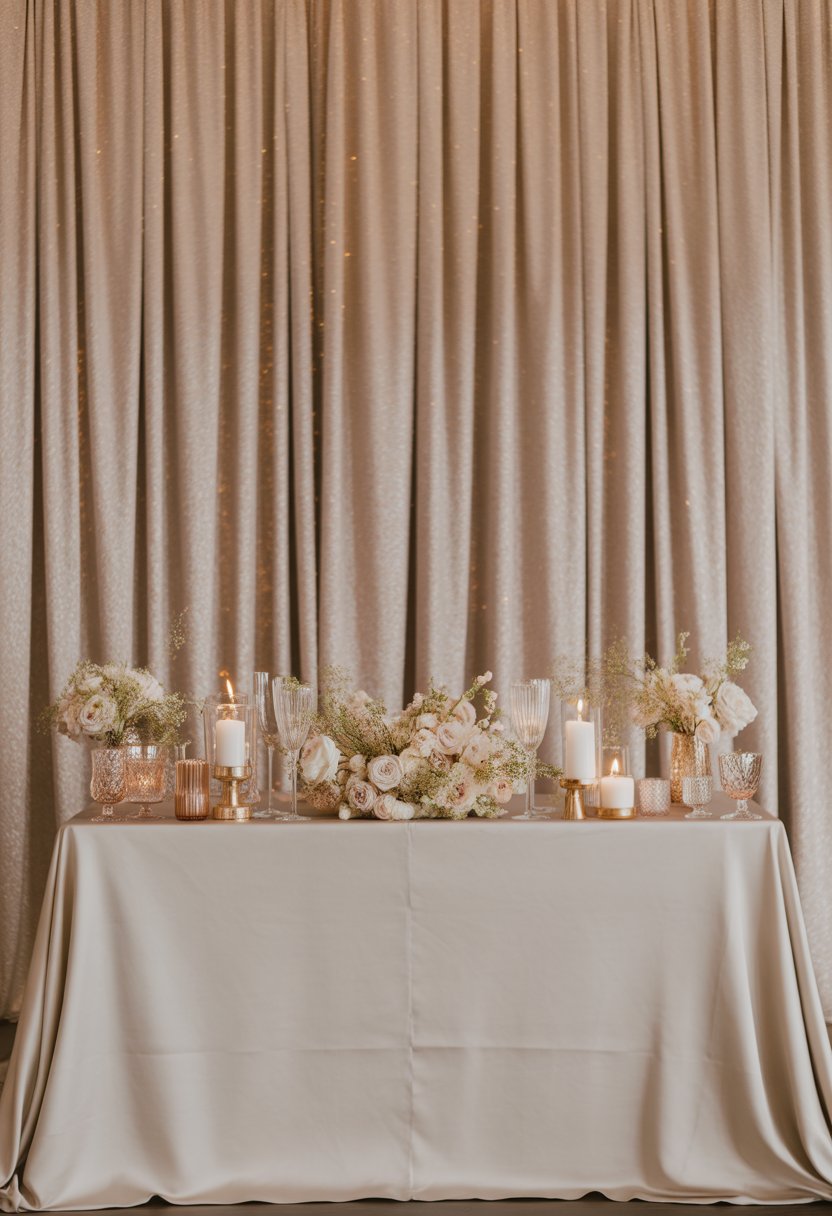 Wedding scene with champagne-colored shimmering curtains and elegant wedding decorations arranged in front.