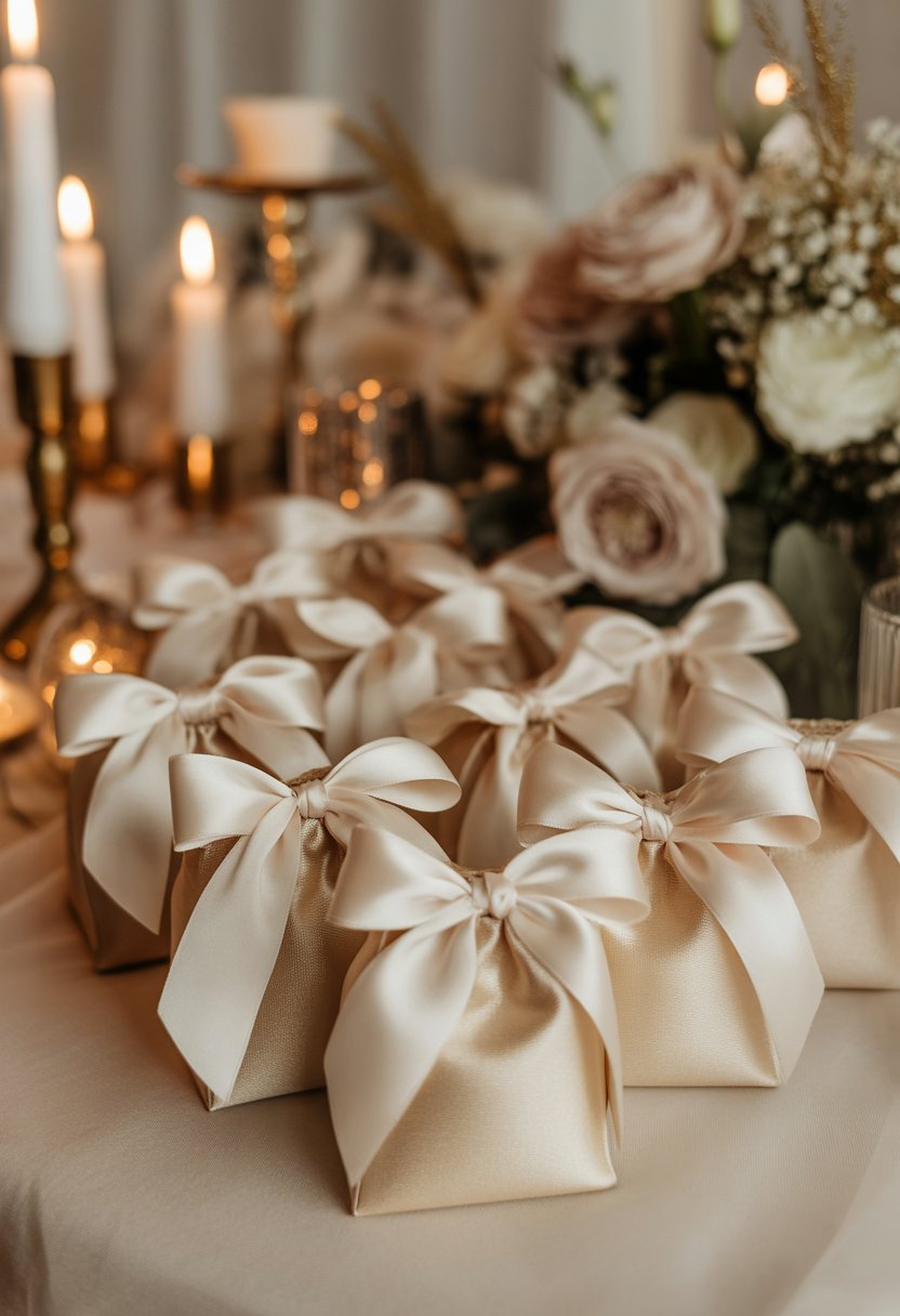 Champagne-colored favor bags tied with silk bows arranged on a table with wedding decorations.
