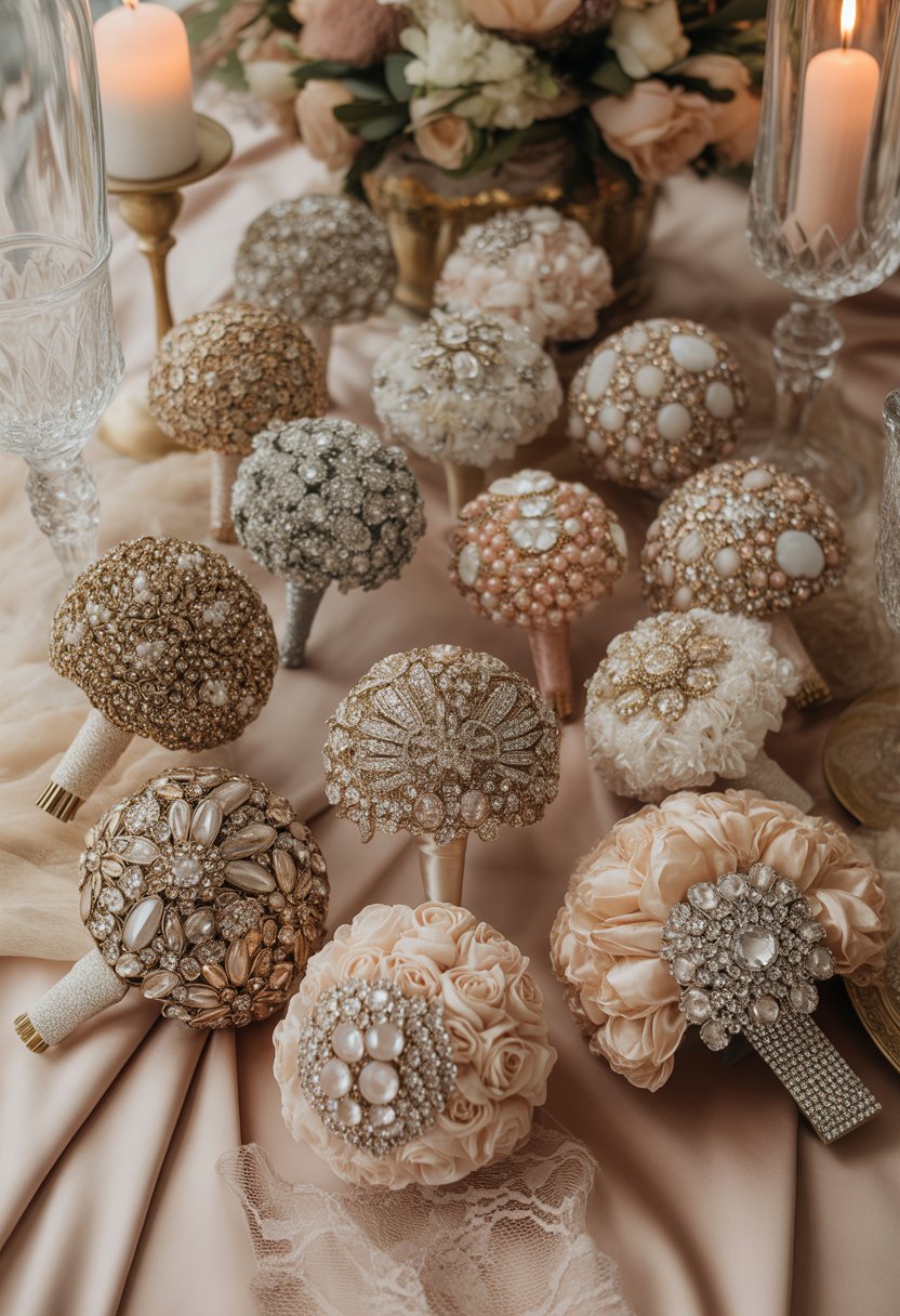 A collection of champagne-colored brooch bouquets arranged on a wedding table with candles and floral decorations.