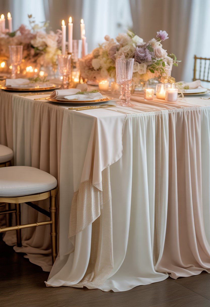 A wedding table decorated with champagne and ivory layered fabric skirting, floral arrangements, glassware, and candles.