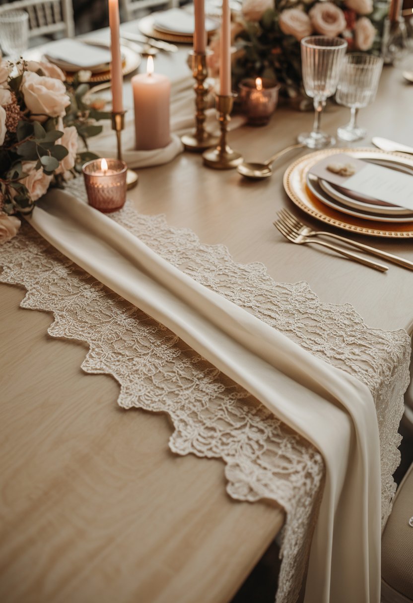 A wedding table set with champagne-colored runners featuring lace details, surrounded by floral arrangements, candles, and elegant tableware.