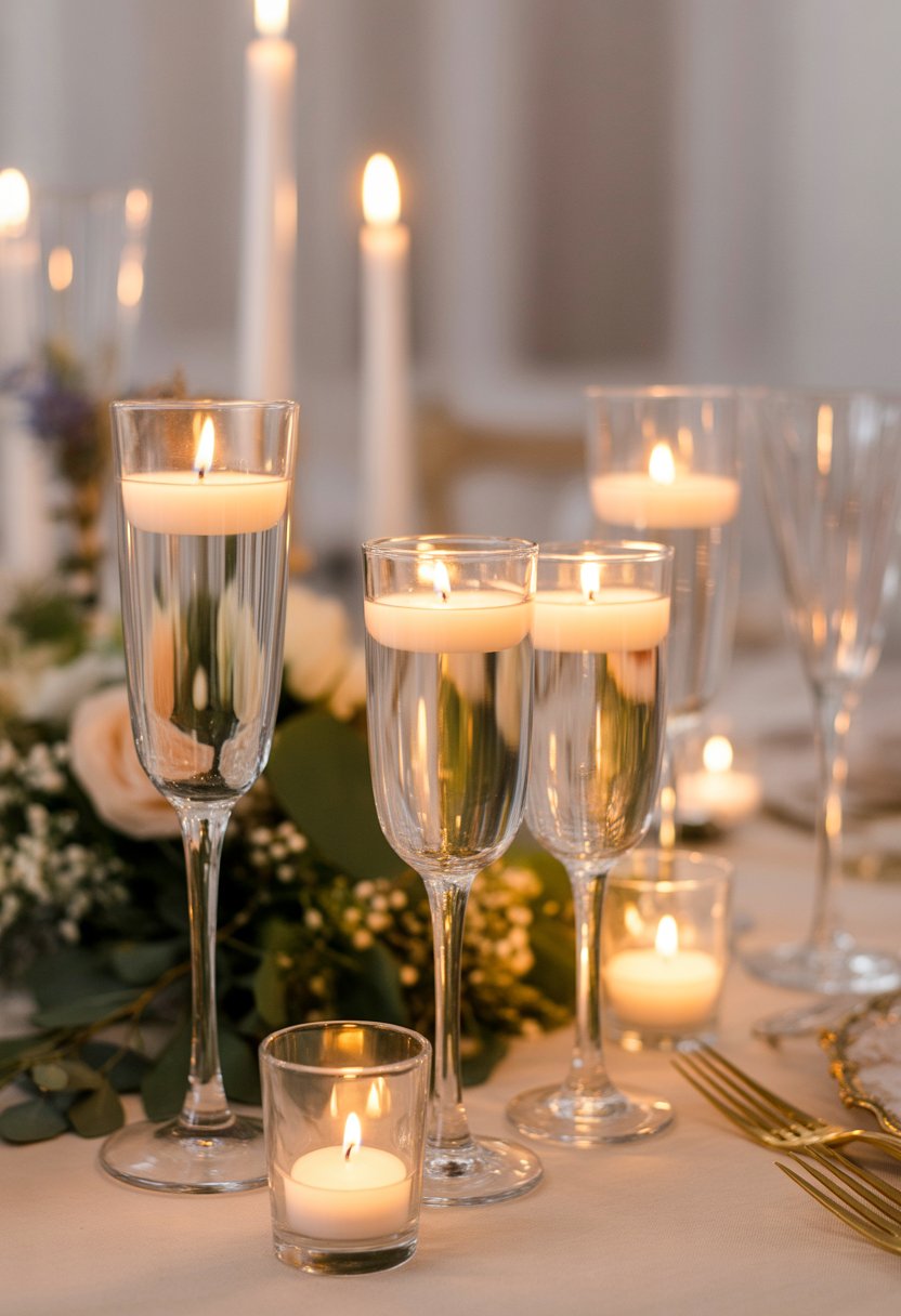 A table decorated with champagne glasses holding lit votive candles surrounded by flowers and greenery.