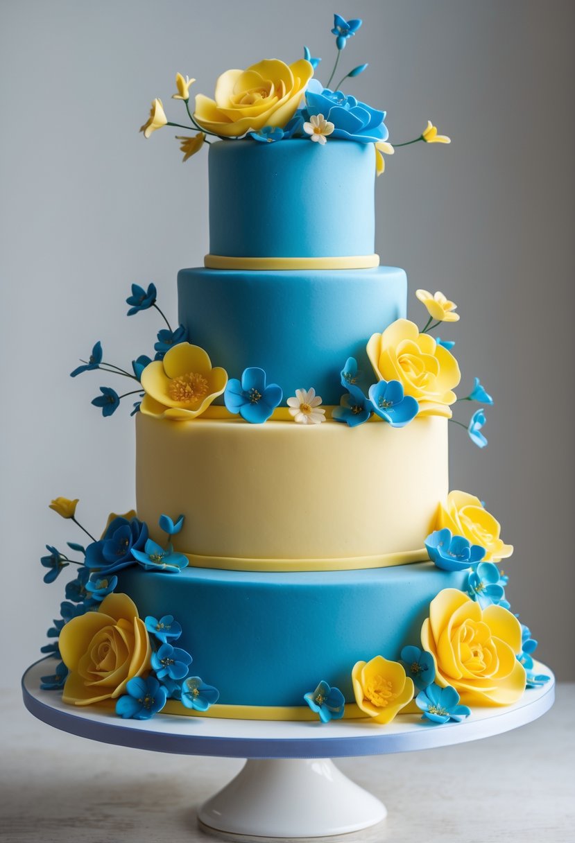 Three-tier blue and yellow wedding cake decorated with delicate sugar flowers on a white cake stand.