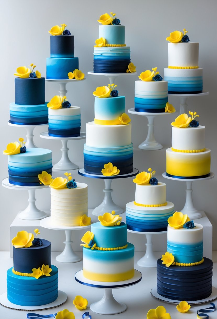 A collection of thirteen wedding cakes featuring blue ombre layers with bright yellow decorative accents arranged on a neutral background.