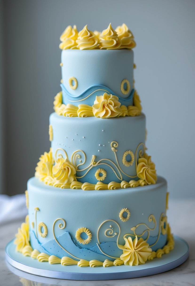 A wedding cake with a light blue fondant base and yellow decorative piping details.