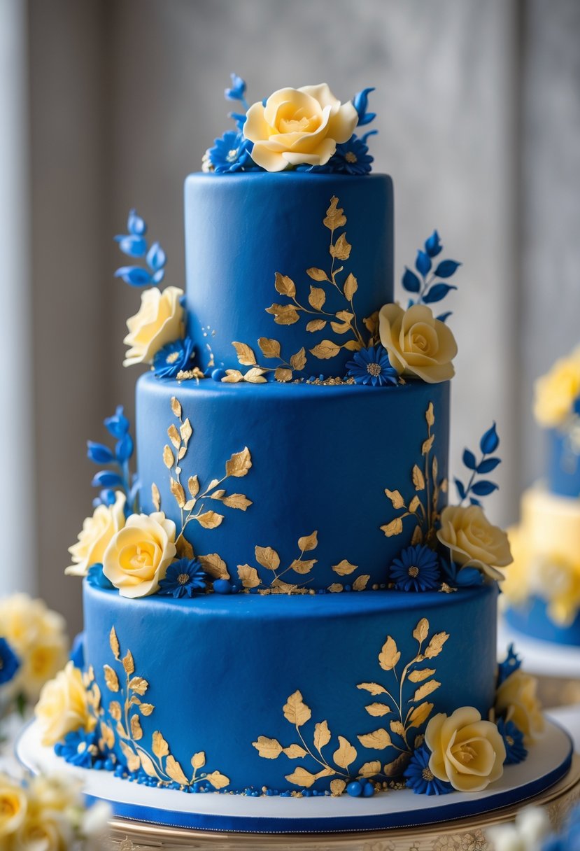 A royal blue multi-tiered wedding cake decorated with edible gold leaf and blue and yellow floral accents.