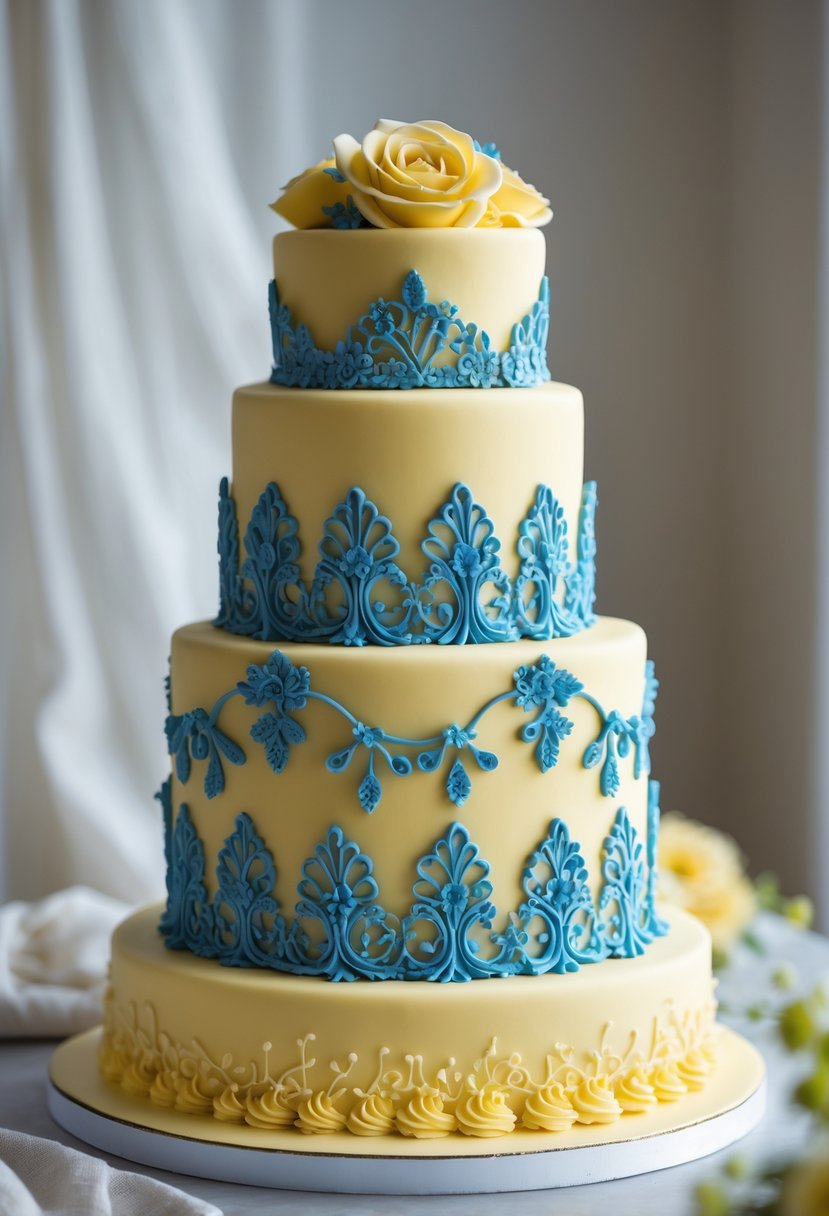 A yellow tiered wedding cake decorated with blue fondant lace patterns on a simple background.