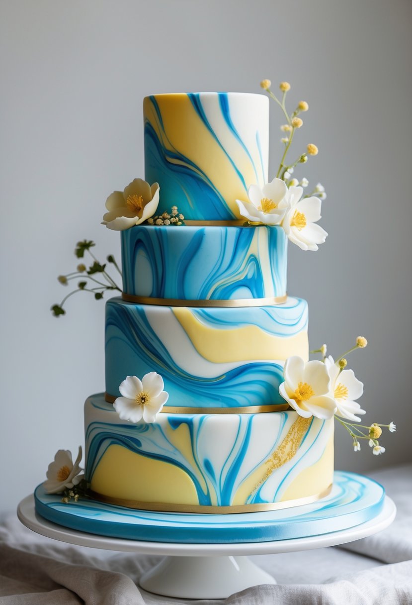 A multi-tiered wedding cake with blue and yellow marble patterns and decorative flowers on a white stand.