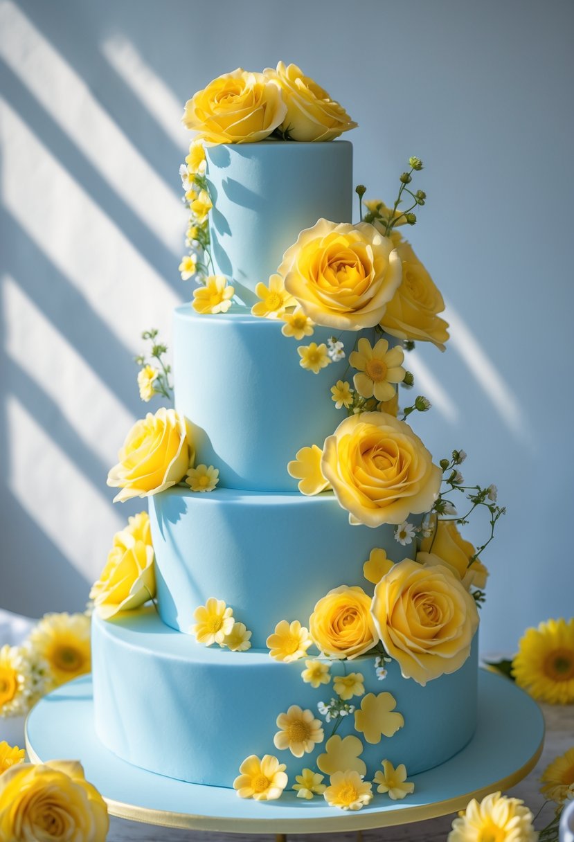 A multi-tiered pastel blue wedding cake decorated with bright yellow flowers.