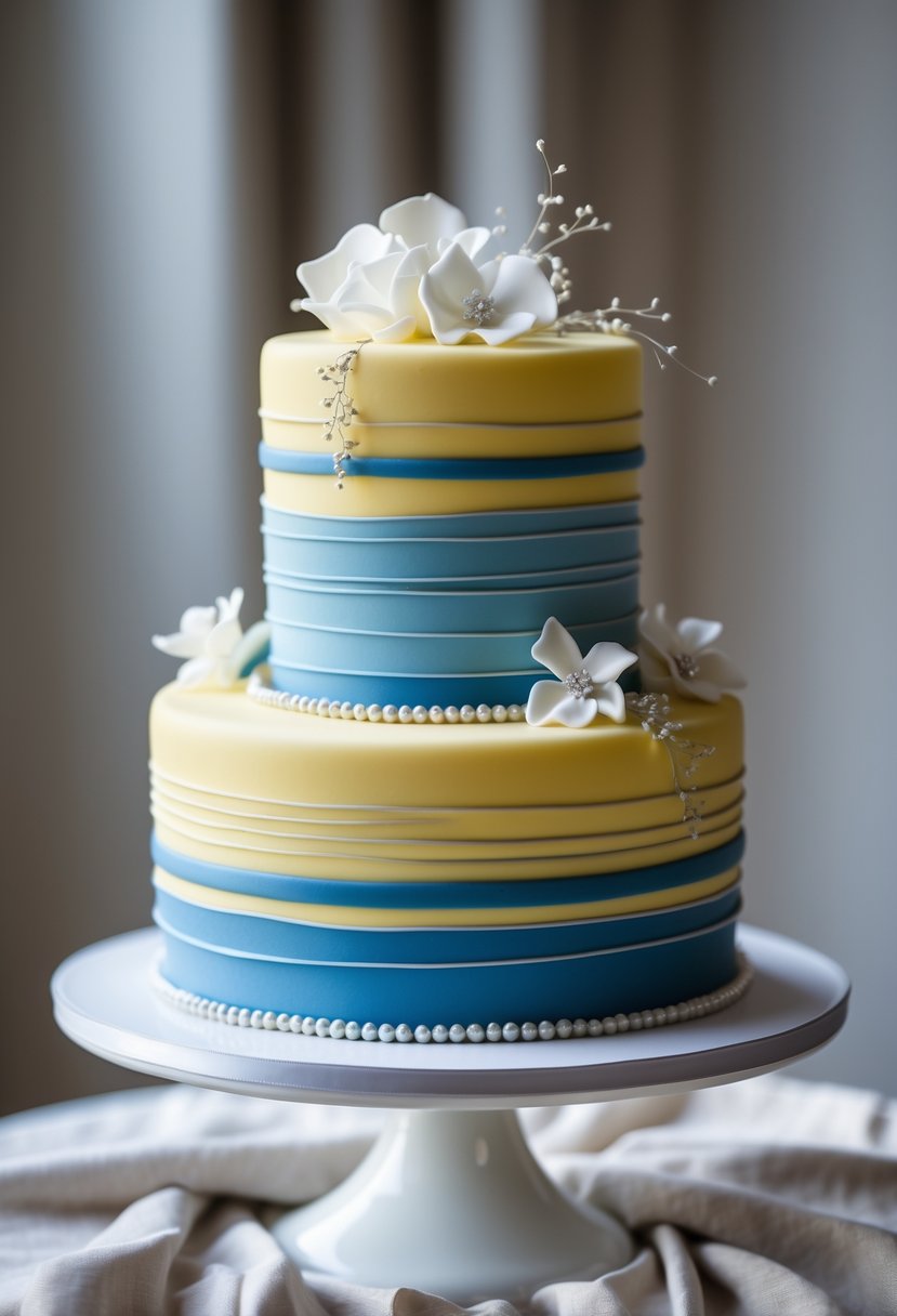 A wedding cake decorated with blue and yellow striped fondant and silver accents on a white cake stand.
